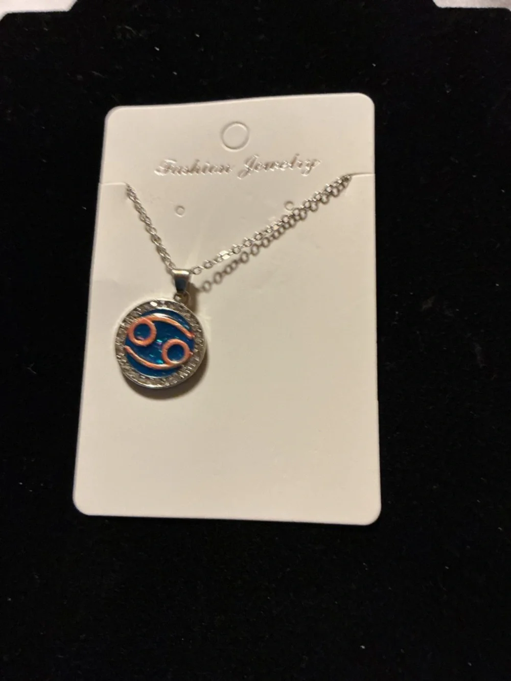 Cancer Zodiac Necklace Blue Round Pendant Rhinestone Accen - Picture 3 of 4